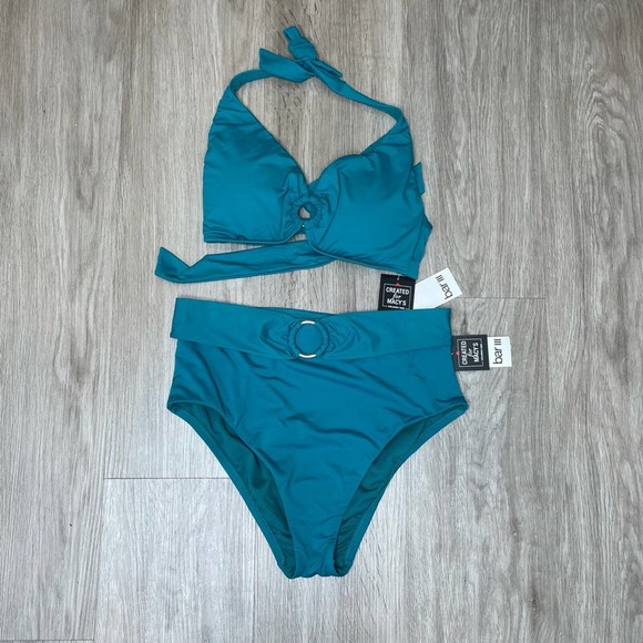 Bar III Women's Teal Sunset Solids Keyhole Ring Tie Halter Strap Bikini Swim Top - Picture 3 of 3